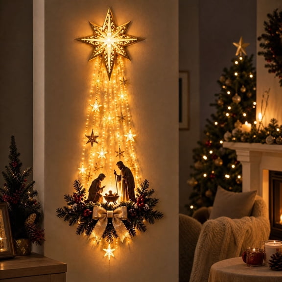 Illuminated Christmas Nativity Scene Wall Hanging, Bethlehem Star & Cascading Starlight Tree Decor for Home