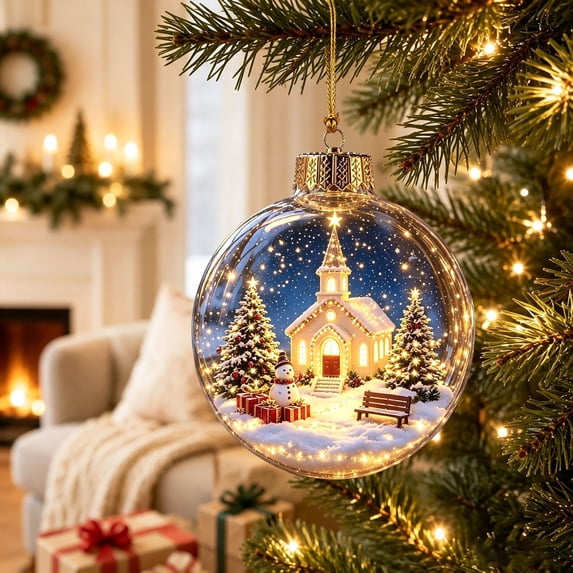 Illuminated Christmas Snow Globe Ornament with Clear Shatterproof Ball, Lighted Winter Scene Tree Decoration for Holiday Display and Festive Ambiance, Vintage Style Christmas