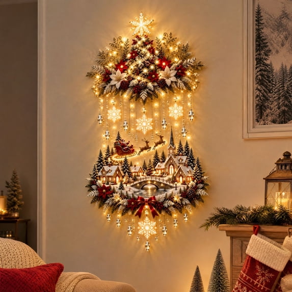 Led Panel Christmas Tree Illuminated Christmas Tree & Village Wall Hanging, Cascading Warm LED ...