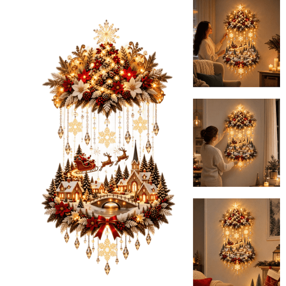 Illuminated Christmas Tree & Village Wall Hanging,Cascading Warm Lights for Living Rooms, Entryways & Staircases, Santa Sleigh Reindeer, Indoor Cozy Holiday Home Decor