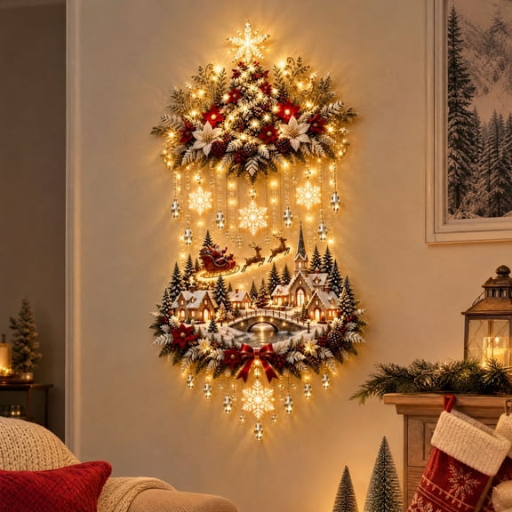 Illuminated Christmas Tree & Village Wall Hanging, Cascading Warm Lights for Living Rooms, Entryways & Staircases, Santa Sleigh Reindeer, Indoor Cozy Holiday Home Decor