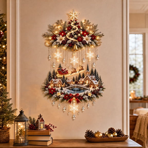 Illuminated Christmas Tree, Village Wall Hanging Cascading Warm Lights, Tree And Village Scene, Warm Cascading Lights, Vertical Wall Display, Santa Sleigh Reindeer, Indoor Cozy Holiday Home Decor