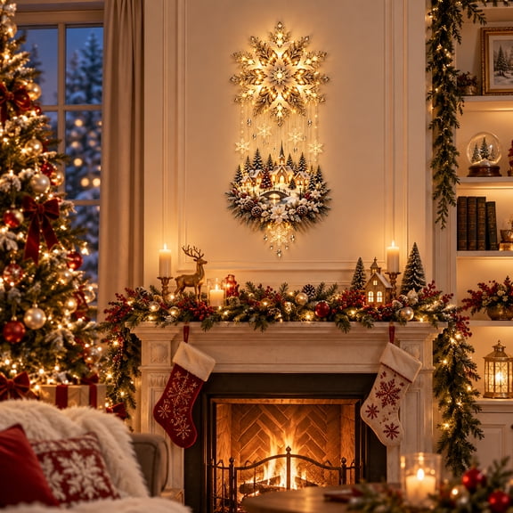 Illuminated Christmas Tree & Village Wall Hanging, Cascading Warm Lights for Living Rooms, Entryways & Staircases, Indoor Cozy Holiday Home Decor