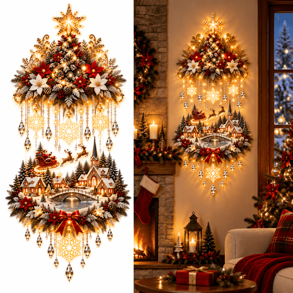 Illuminated Christmas Tree & Village Wall Hanging, Christmas Wall Decor with Warm Glow Lights and Snowflake Hanging Accents, Holiday Decoration for Living Room Hallway Staircase