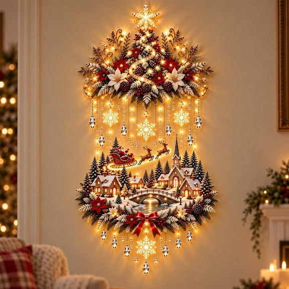 Illuminated Christmas Tree and Village Wall Hanging,Lighted Holiday Wall Decor with Santa Sleigh and Reindeer,Festive Indoor Accent for Living Room and Entryway