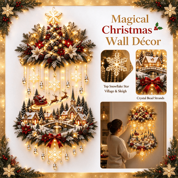 Illuminated Christmas Tree Village Wall Hanging with Warm Lights, Christmas Decor Illuminated Christmas Tree & Village Wall Hanging, Cascading Warm Lights, Indoor Holiday Decor