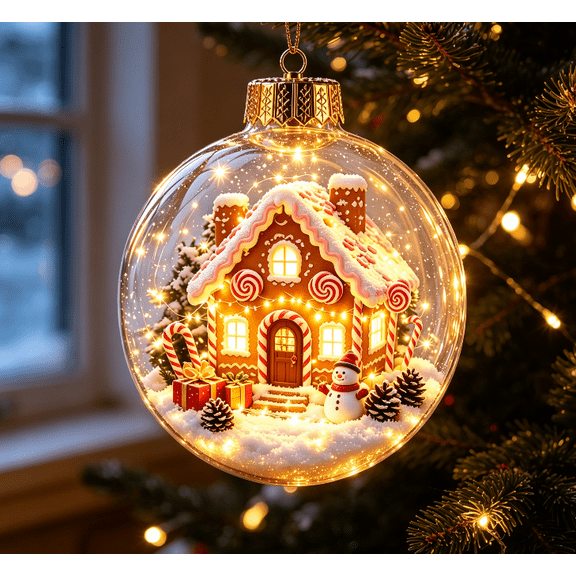 Illuminated Clear Christmas Hanging Sphere Decor Built In Warm Light Featuring Candy House Snowman Candy Cane and Gift Details (Candy House)