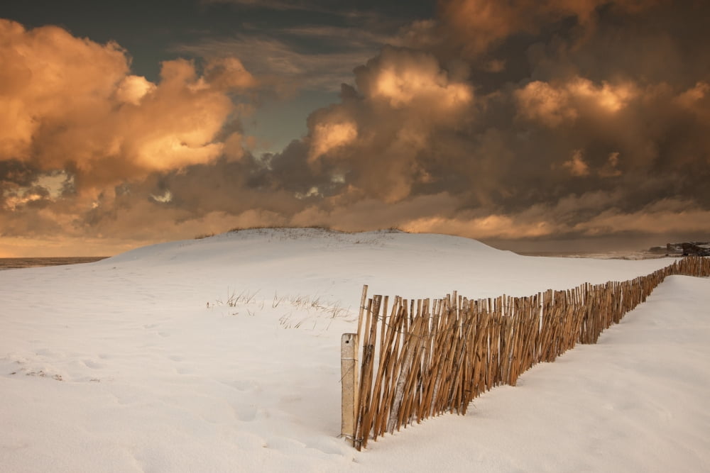 Illuminated Clouds Glowing Over A Snow Covered Field And Fence South Shields Tyne And Wear England Canvas Art - John Short Design Pics (19 x 12)
