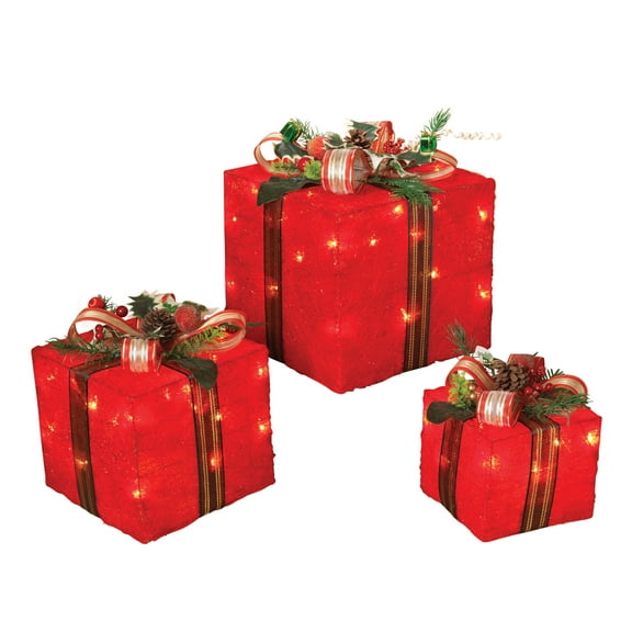 Illuminated Electric Holiday Sisal Gift Boxes, Small (6"x6"x6"), Medium (8"x8"x8.5") and Large (10"x10"x11.5")