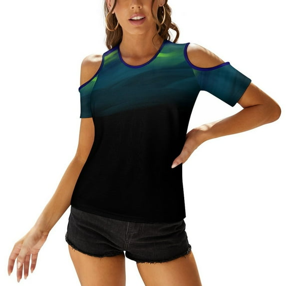 Illuminated Evening Slit Sleeve Cold Shoulder Print Women T Shirt Casual Summer Tee Tshirt Loose Top Bright Northern Lights