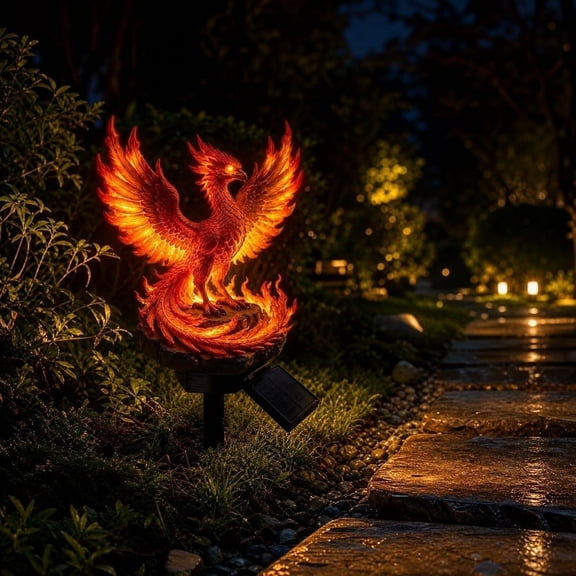 Illuminated Fire Phoenix Solar Garden Path Stake Light, Red Flame Wing Phoenix Resin Outdoor Yard Landscape Ornament