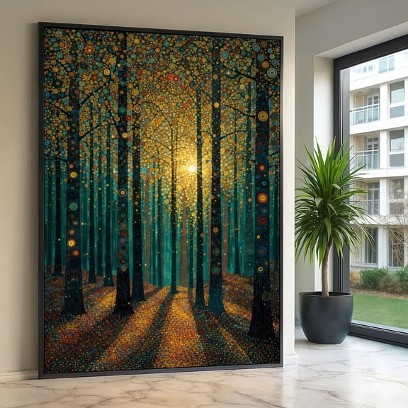 Illuminated Forest Path Abstract Tree Art Golden Light Wall Decor Gustav Klimt Inspired Modern Nature Artwork