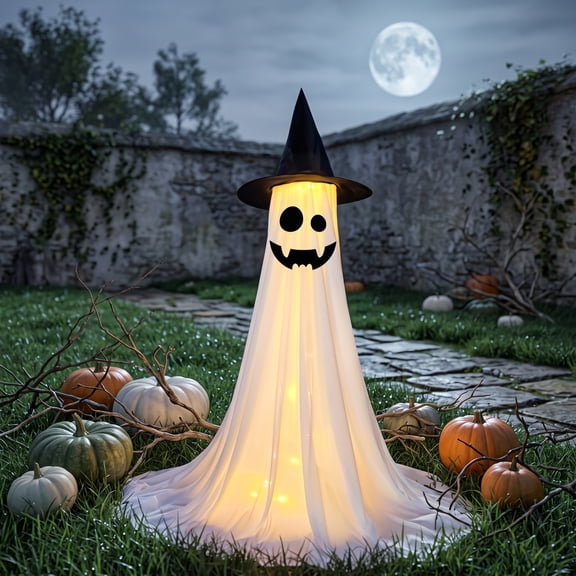 Illuminated Ghostly Halloween Decoration,47 Inch High Halloween Light Up Ghost Decor With Witch Hat Standing Led Ghost Light Fabric Figure For Garden Porch Use Fabric Ghostly Decoration.