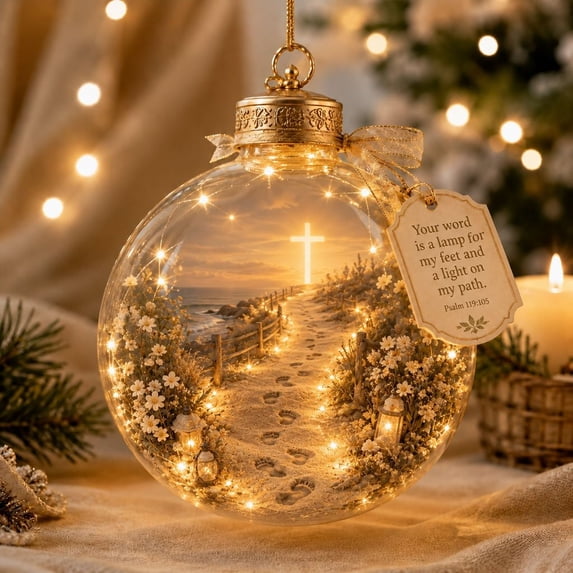 Illuminated Glass Christmas Ornament, Light‑Up Footprints Beach Cross Scene Hanging Keepsake with Inspirational Psalm Bible Quote, Warm LED Light Decor for Christmas Tree Home Display, 3.15 Inches