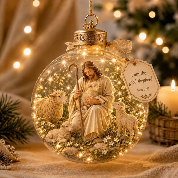 Illuminated Glass Christmas Ornament, Light‑Up The Good Shepherd Jesus Scene Hanging Keepsake with Inspirational John Bible Quote, Warm LED Light Decor for Christmas Tree Home Display, 3.15 Inches