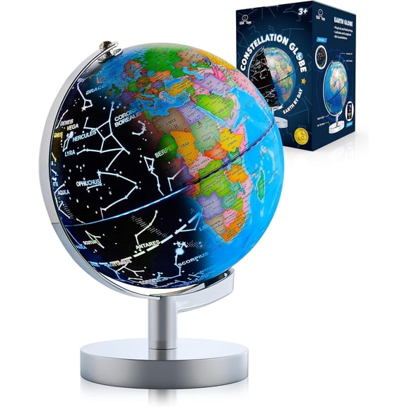 Illuminated Globe for Kids Learning- 3-in-1 STEM Globes of the World with Stand, Constellation Map, Built-in LED Night Light Desk Globe Lamp, Non-Tip Metal Base, 9.75 Tall, 7 Inch Diameter