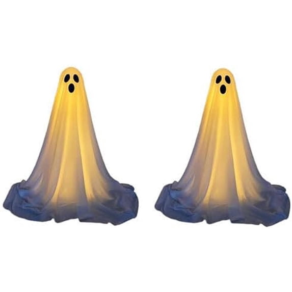 Illuminated Halloween Ghost Decoration, Adjustable 1.3-6.5ft White Fabric Spooky Prop with Lights, Battery Operated House Decor for Front Porch Courtyard Yard, 2 Pack