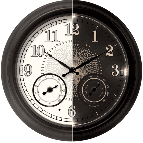 Illuminated Large Outdoor Clock - 18 inch Indoor Outdoor Night Light Wall Clock with Smart LED Sensor, Temperature and Humidity Combo - Weatherproof & Easy to Read for Pool, Patio & Home Decor