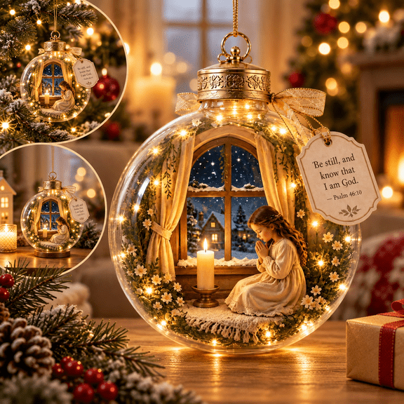 Illuminated Lighted Scripture Keepsake Ornament, 3.54x3.54in Soft Glow with Bible Verse Print, for Christmas Tree Tabletop Memorial Home Decor H