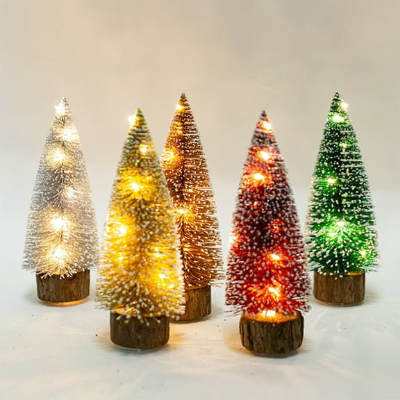 Illuminated Mini Christmas Tree, Artificial Small Sisal Trees Christmas Decoration, Mini Pine Trees With Wood Base Mini Bottle Brush Trees Assorted Color For Christmas Scene Layout Door Decoration