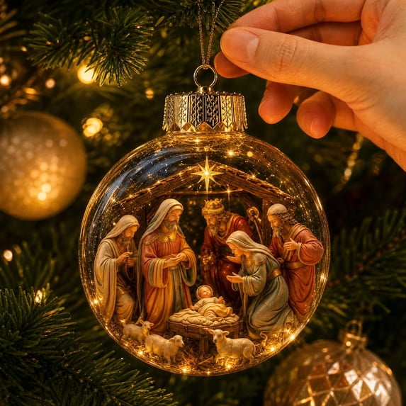 Illuminated Nativity Scene Christmas Ball Ornament with 3D Figurines and Warm Led Lights, 1 Piece, Clear Glass with Gold Cap, for Christian Home Decor, Holiday Decoration