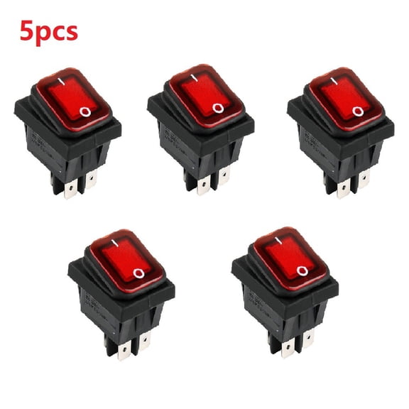Illuminated Red Rectangle Rocker Switch 20A DPST IP67 Waterproof On-Off with Quick Connect Terminals for Panel Cutout 30x22mm
