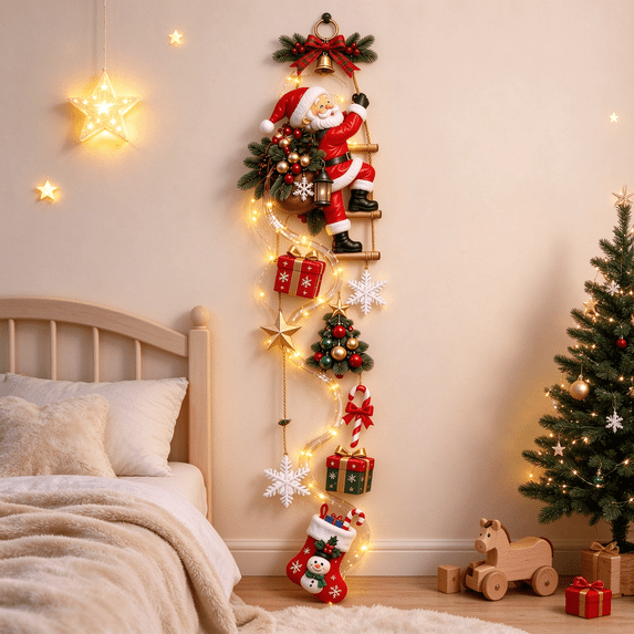 Illuminated Santa Climbing Ladder Wall Hanging Decor Christmas Ornament ...