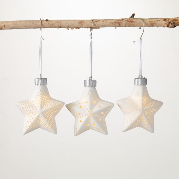 Illuminated Star Ornament White 4"H Ceramic Set of 3