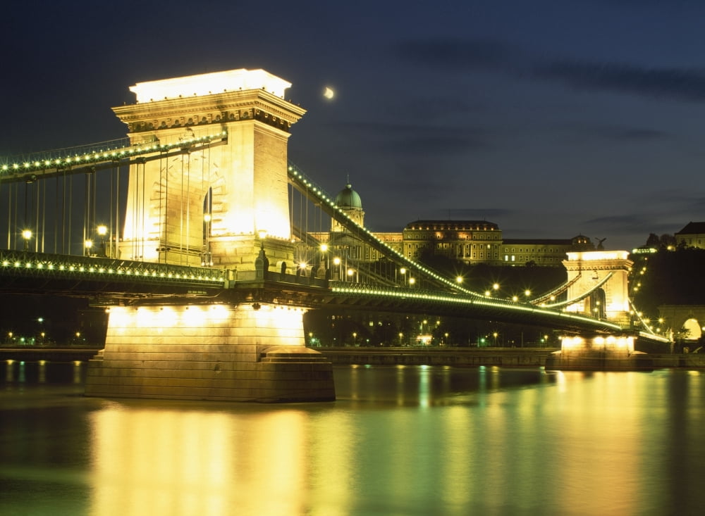 Illuminated SzÔø?chenyi Chain Bridge At Night Canvas Art - Ellen Rooney Design Pics (36 x 26)