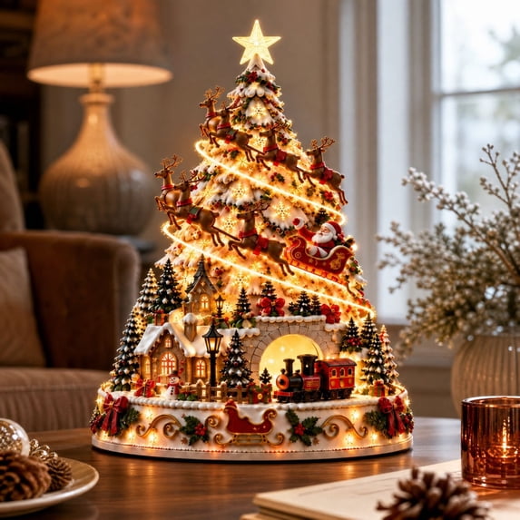 Illuminated Tabletop Christmas Tree Village Ornament Lighted Winter Town Scene with Sleigh Reindeer Train for Mantel Table Holiday Display