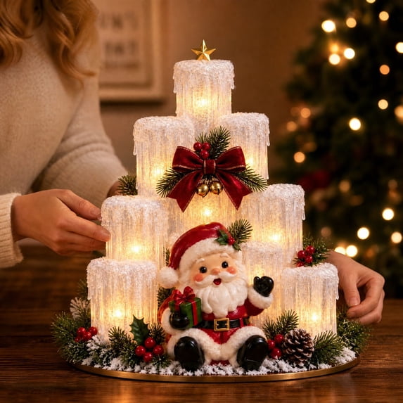 Illuminated Tier Icicle Flameless Candle Christmas Table Center Decor Santa Figure Pinecone Berry for Indoor Display