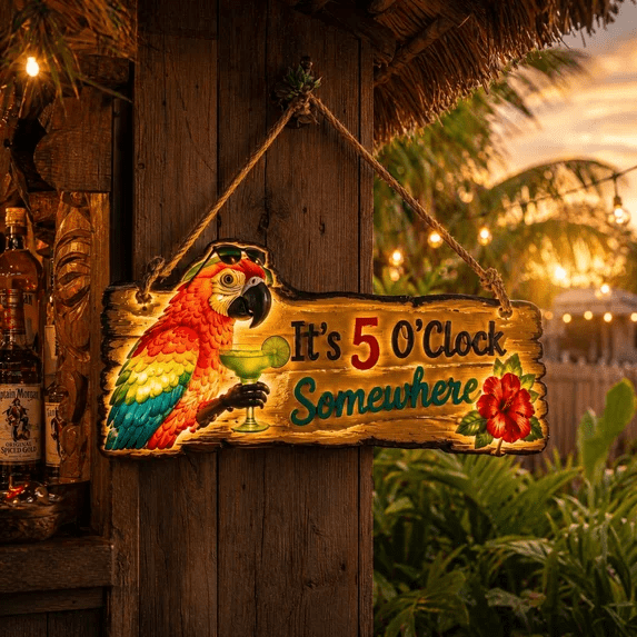 Illuminated Tropical Parrot Hanging Wall Sign, Bright Island Parrot LED Wall Decor Plaque Suitable for Covered Patio & Home Pub