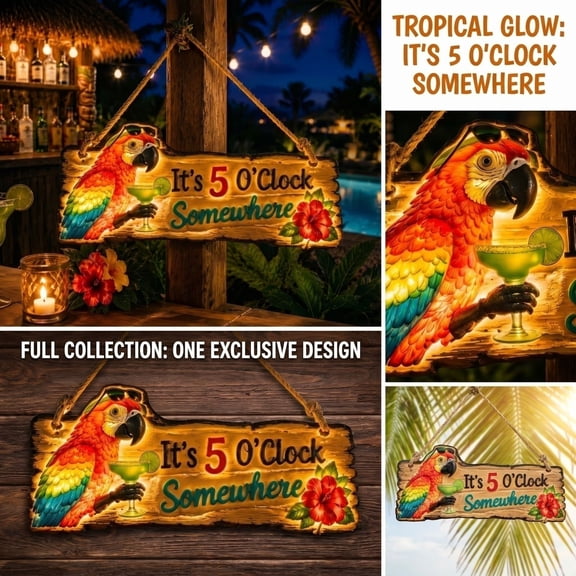 Illuminated Tropical Parrot Hanging Wall Sign, Lighted Tiki Bar Plaque with Hibiscus Cocktail Details for Backyard Patio Outdoor Wall Decor