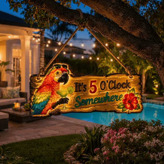Illuminated Tropical Parrot Hanging Wall Sign, Vibrant Tropical Parrot Illuminated Wall Plaque for Pool Bar Covered Patio Accent