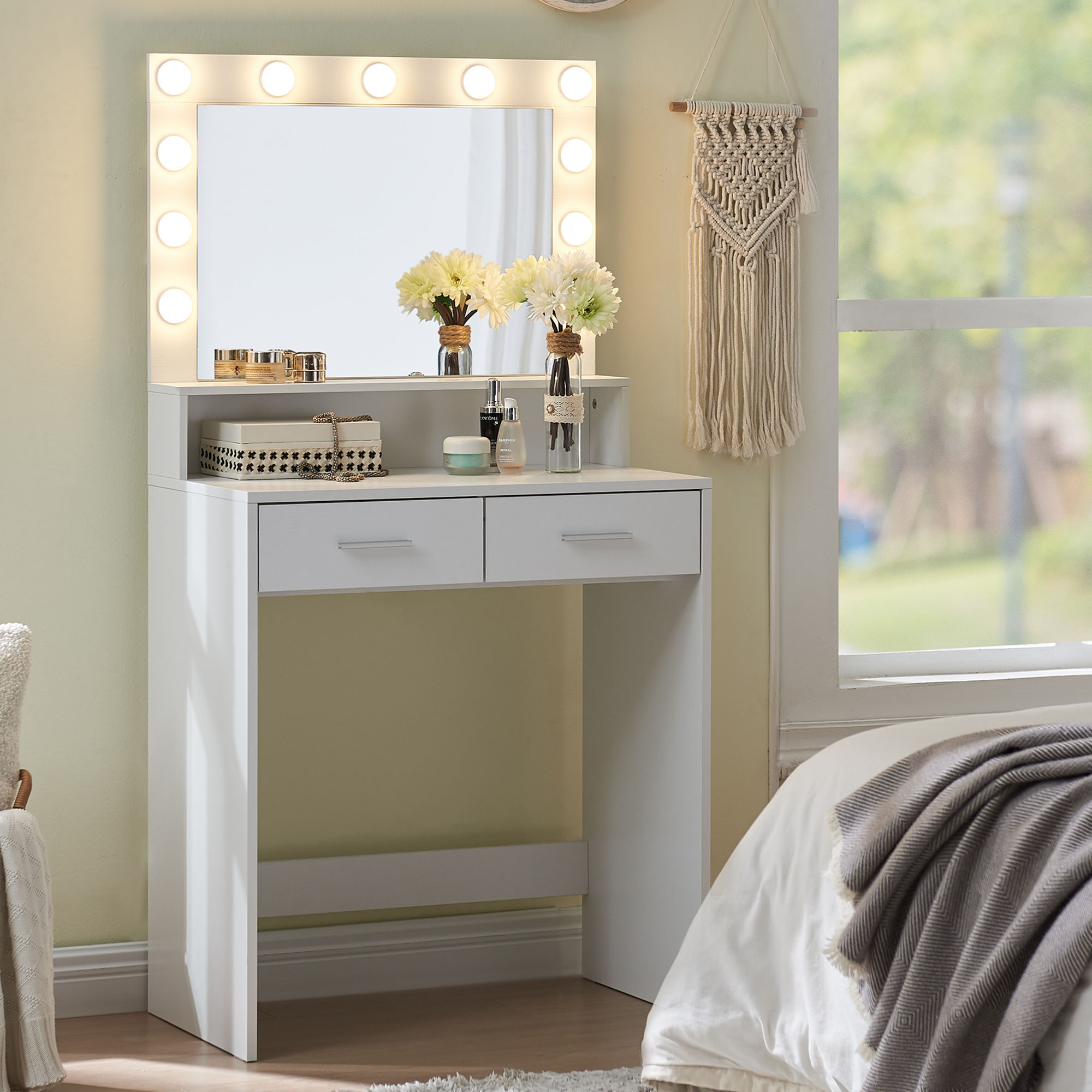 Illuminated Vanity Desk With Mirror & Lights Sizable Drawer & Storage