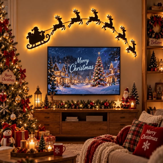 Illuminated Wooden Reindeer Sleigh Wall Decor Light, Santa Sleigh with Six Reindeer, Remote Control LED Christmas Wall Art for Living Room, Hallway and Dining Room