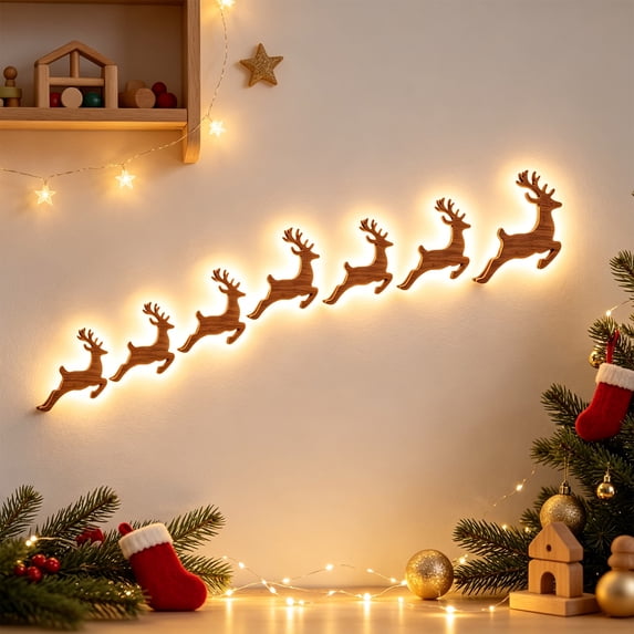 Illuminated Wooden Reindeer Sleigh Wall Decor,Lighted Reindeer Christmas Art,Warm LED Glow with Remote Control,Easy Peel and Stick Installation,Great for Living Room Bedroom Hallway