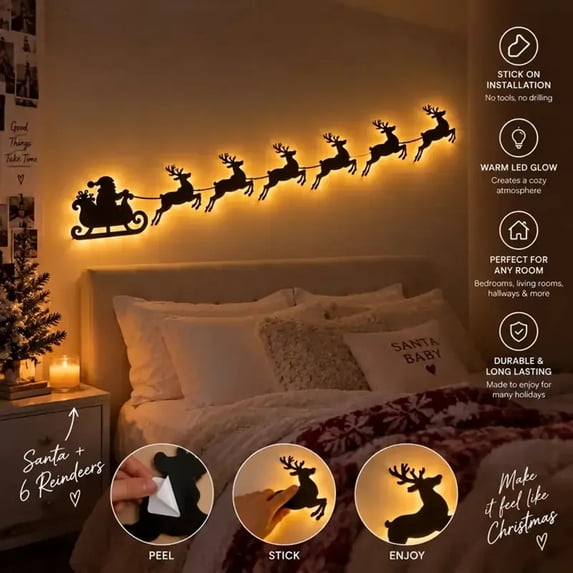 Illuminated Wooden Reindeer Sleigh Wall Decor, Warm LED Backlit Wireless Remote Christmas Light Wall Art for Bedroom & Living Room by XSAOP