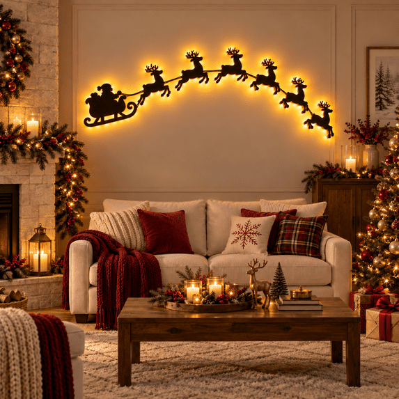 Illuminated Wooden Reindeer Sleigh Wall Decor, Wireless Remote LED Christmas Santa Scene Lights, Warm Glowing Festive Wall Art for Living Room Indoor Holiday Home Decor