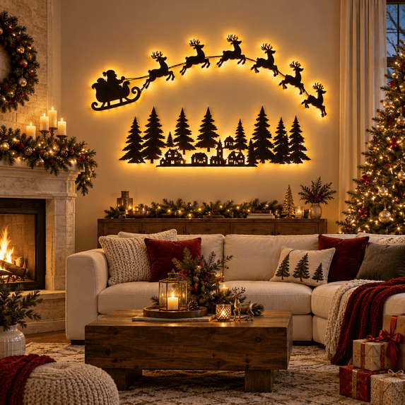 Illuminated Wooden Reindeer Sleigh Wall Decor, Wireless Remote LED Christmas Santa Scene Lights, Warm Glowing Festive Wall Art for Living Room Indoor Holiday Home Decor(Sleigh & Forest Set)