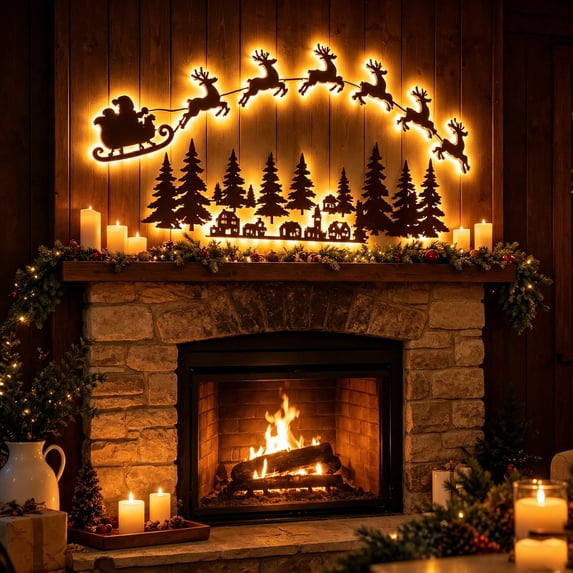 Illuminated Wooden Reindeer Sleigh Wall Light, Vintage Christmas Decor, Light and Rentier Drahtlose Fernbedienung Leuchtende Wanddekoration, Reindeer Decor for Home, Party