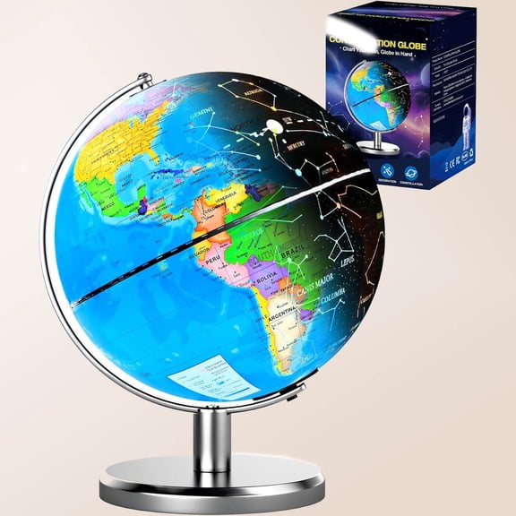 Illuminated World Globe with Constellation Night Light, Educational Light Up Globe, Earth Geography Learning Globes, Desk Home Office Decor