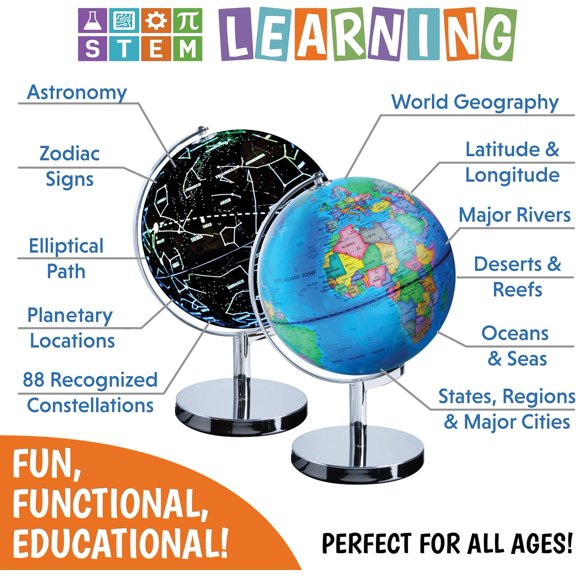 Illuminated World with Stand - 3in1 STEM Globes for Adults and Kids, Constellation Map, Built-In LED Night Light Lamp, Easy to Read Texts, Non-Tip Base, 13.5 Inch Tall, 9 Inch Diameter