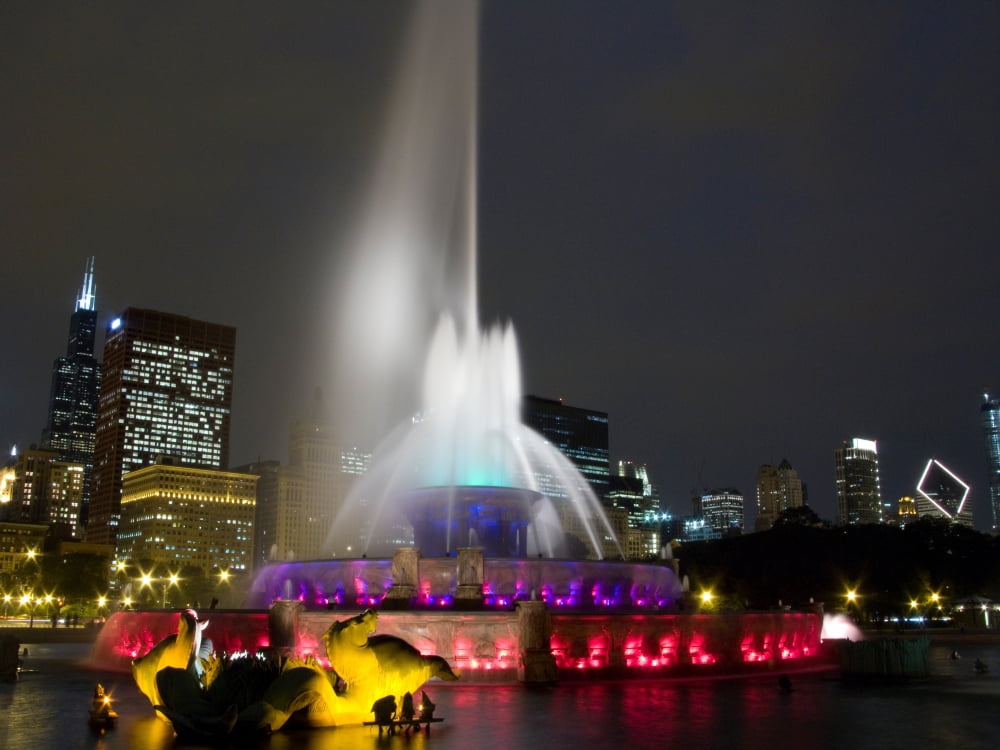 Illuminated fountain with skyscrapers in a city Buckingham Fountain Grant Park Chicago Illinois USA Canvas Art - Panoramic Images (12 x 16)