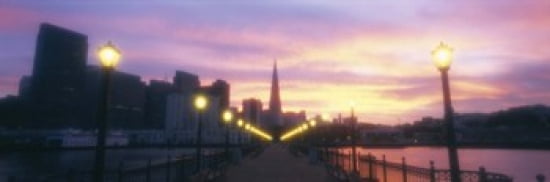 Illuminated lampposts on a pier San Francisco California USA Canvas Art - Panoramic Images (36 x 12)