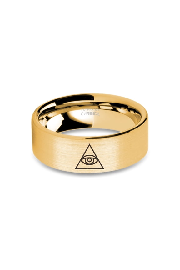 Illuminati Eye Emblem Brushed Yellow Gold Tungsten Wedding Band, 8mm, Size 8
