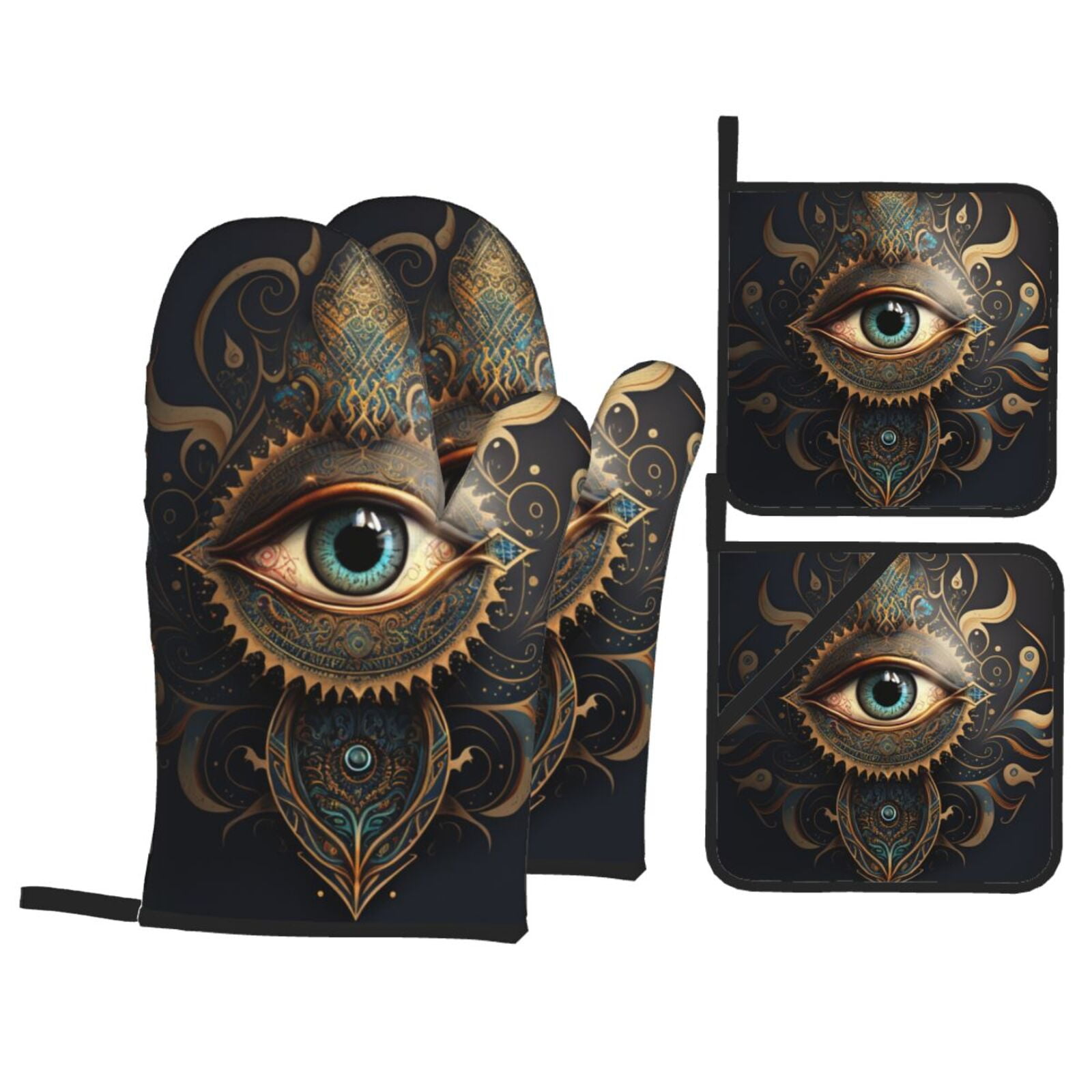 Illuminati Fatima Hamsa All Seeing Eye Art 4Pcs Oven Mitts and Pot Holders Sets Oven Kitchen Gloves Hot Pads for Cooking BBQ Baking Grilling