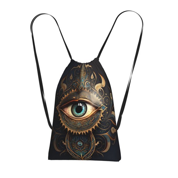 Illuminati Fatima Hamsa All Seeing Eye Art Packable Drawstring Backpack, Lightweight Foldable Cinch Storage Bag for Gym Travel Shopping