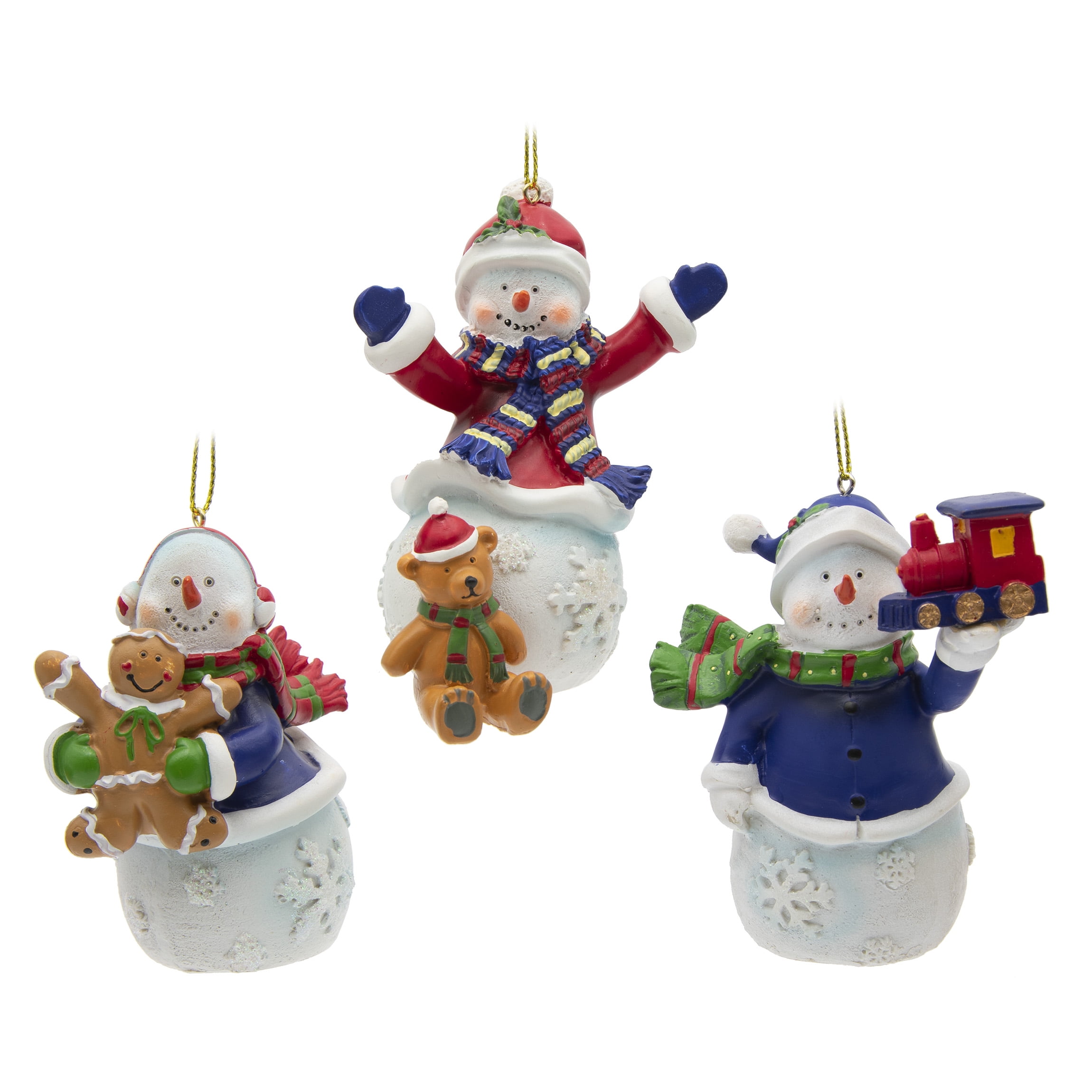 Illuminating Snowmen Christmas Ornaments with Toys, Set of 3