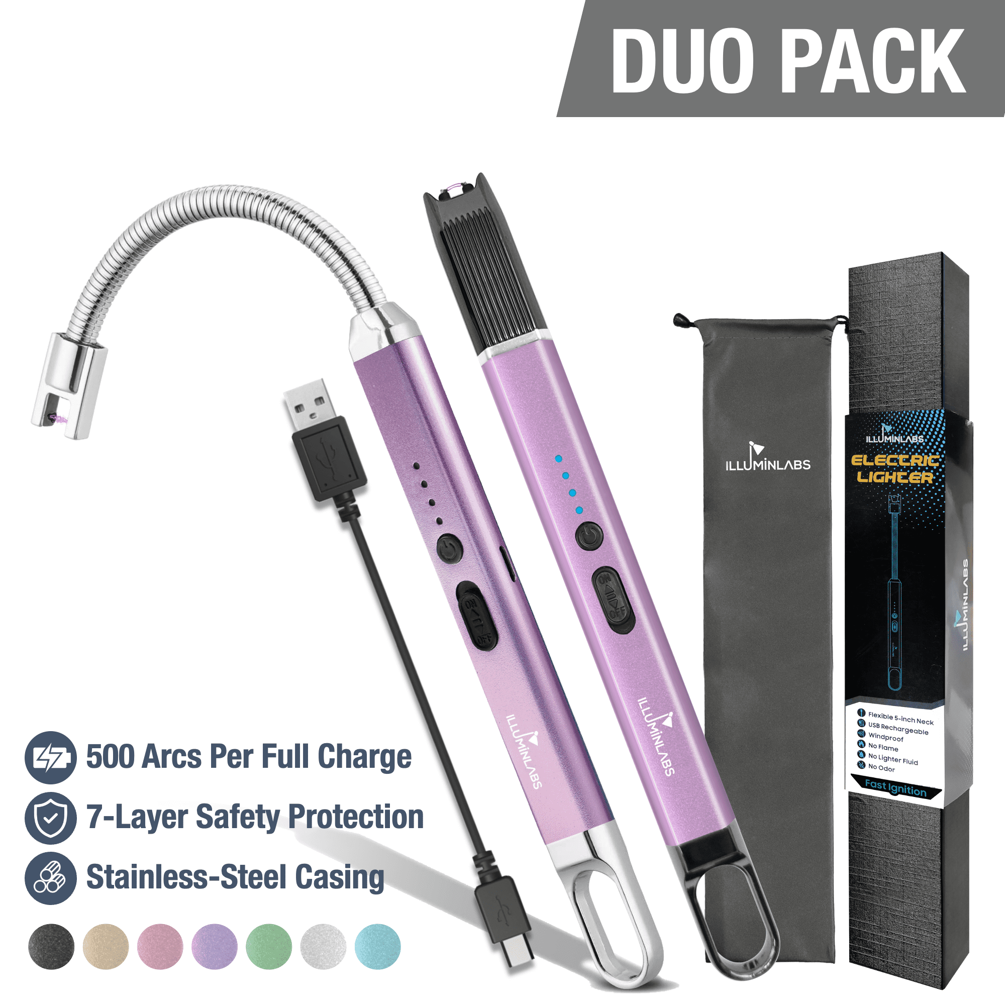 Illuminlabs 2Pack Electric Lighter – USB Rechargeable Candle lighter, Windproof Flameless Plasma Arc Lighter for BBQ Grill, Camping, Stove, 7.5” Long Stick Lighter,Purple